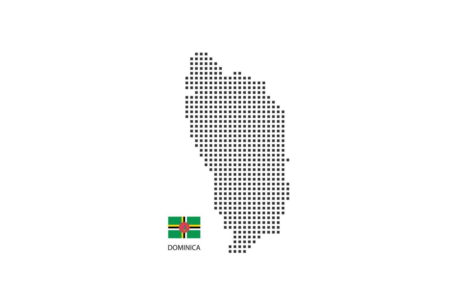 Vektor quadratische Pixel gepunktete Karte von Dominica isoliert auf weißem Hintergrund mit Dominica-Flagge.