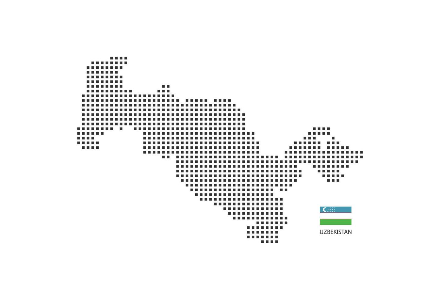 Vektor quadratische Pixel gepunktete Karte von Usbekistan isoliert auf weißem Hintergrund mit Usbekistan-Flagge.