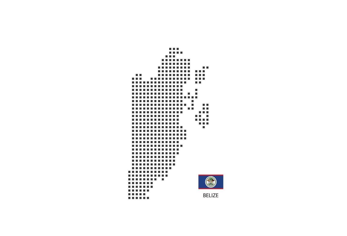 Vektor quadratische Pixel gepunktete Karte von Belize isoliert auf weißem Hintergrund mit Belize-Flagge.