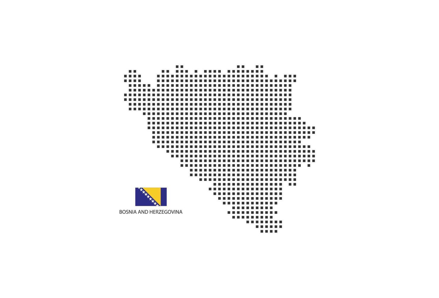 Vektor quadratische Pixel gepunktete Karte von Bosnien und Herzegowina isoliert auf weißem Hintergrund mit Flagge von Bosnien und Herzegowina.