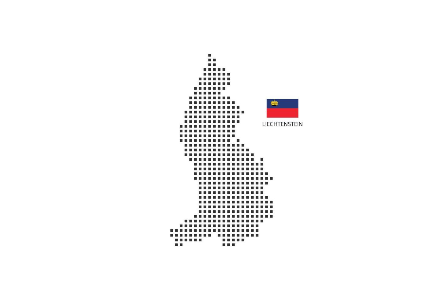 Vektor quadratische Pixel gepunktete Karte von Liechtenstein isoliert auf weißem Hintergrund mit liechtensteinischer Flagge.