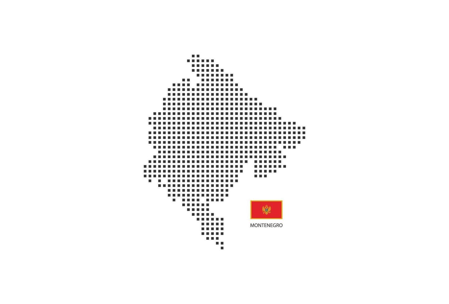 Vektor quadratische Pixel gepunktete Karte von Montenegro isoliert auf weißem Hintergrund mit Montenegro-Flagge.