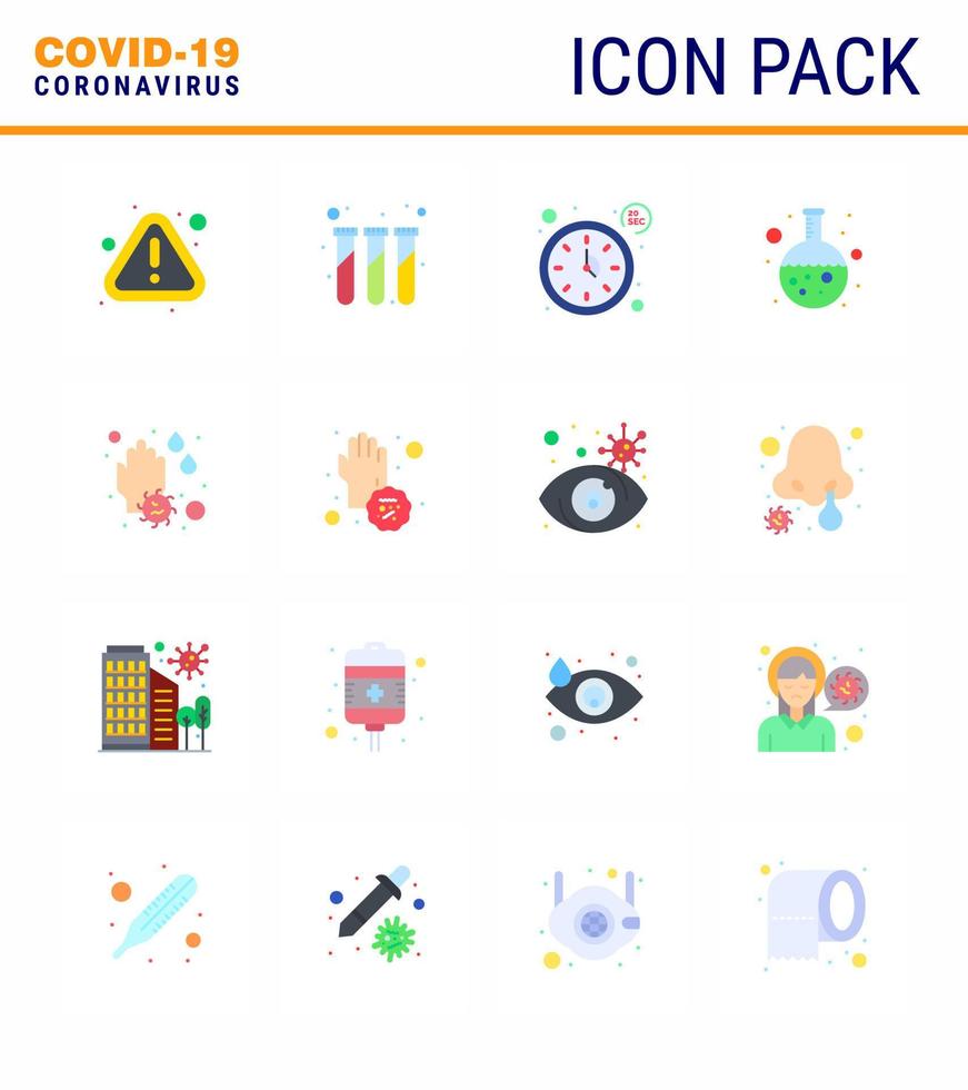 16 flache Farb-Coronavirus-Epidemie-Icon-Packs saugen als Seifen-Forschungsuhr-Labortest virales Coronavirus 2019nov-Krankheitsvektor-Designelemente vektor