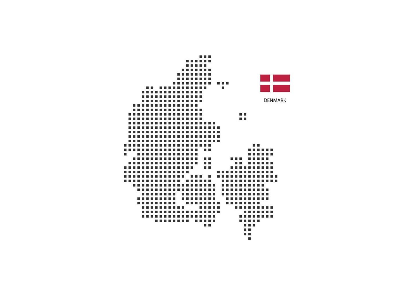 Vektorquadratische Pixel gepunktete Karte von Dänemark isoliert auf weißem Hintergrund mit Dänemark-Flagge. vektor