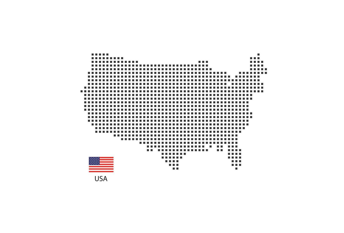 Vektor quadratische Pixel gepunktete Karte der Vereinigten Staaten von Amerika isoliert auf weißem Hintergrund mit der Flagge der Vereinigten Staaten von Amerika.