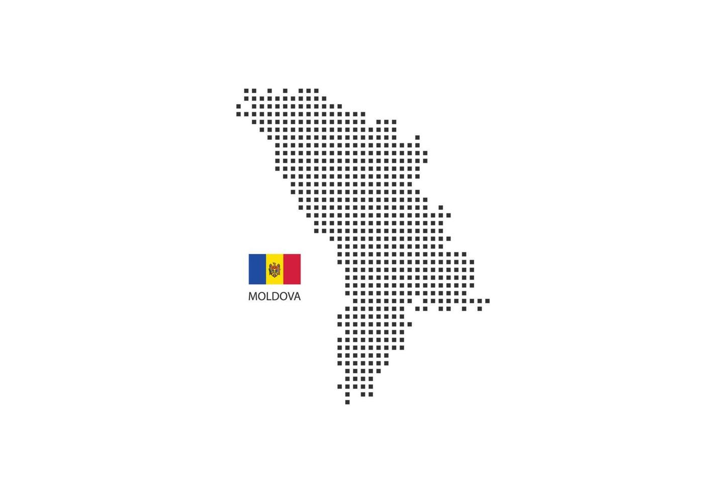 Vektor quadratische Pixel gepunktete Karte von Moldawien isoliert auf weißem Hintergrund mit Moldawien-Flagge.