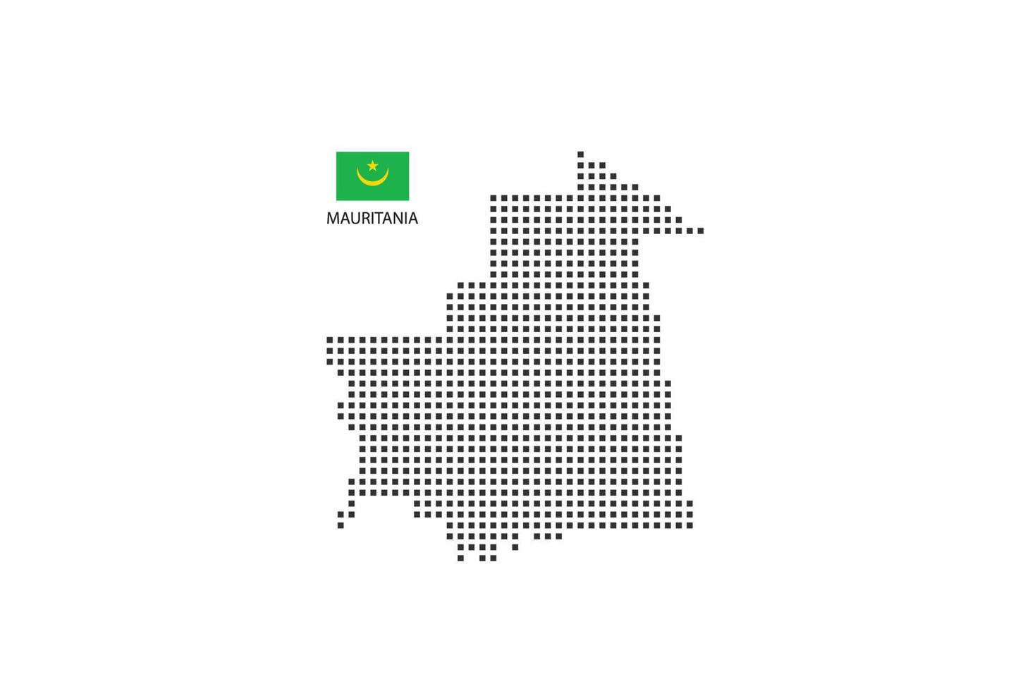Vektorquadratische Pixel gepunktete Karte von Mauretanien isoliert auf weißem Hintergrund mit Mauretanien-Flagge. vektor