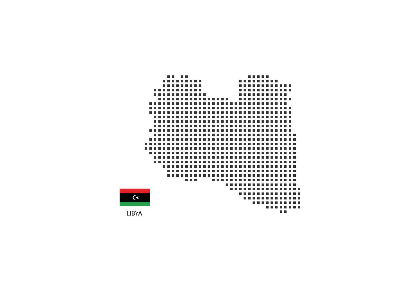 Vektor quadratische Pixel gepunktete Karte von Libyen isoliert auf weißem Hintergrund mit Libyen-Flagge.