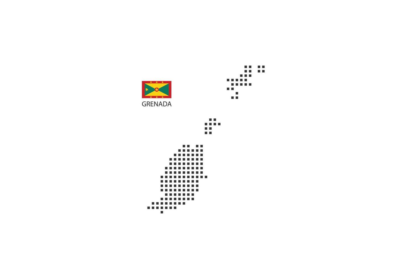 Vektor quadratische Pixel gepunktete Karte von Grenada isoliert auf weißem Hintergrund mit Grenada-Flagge.