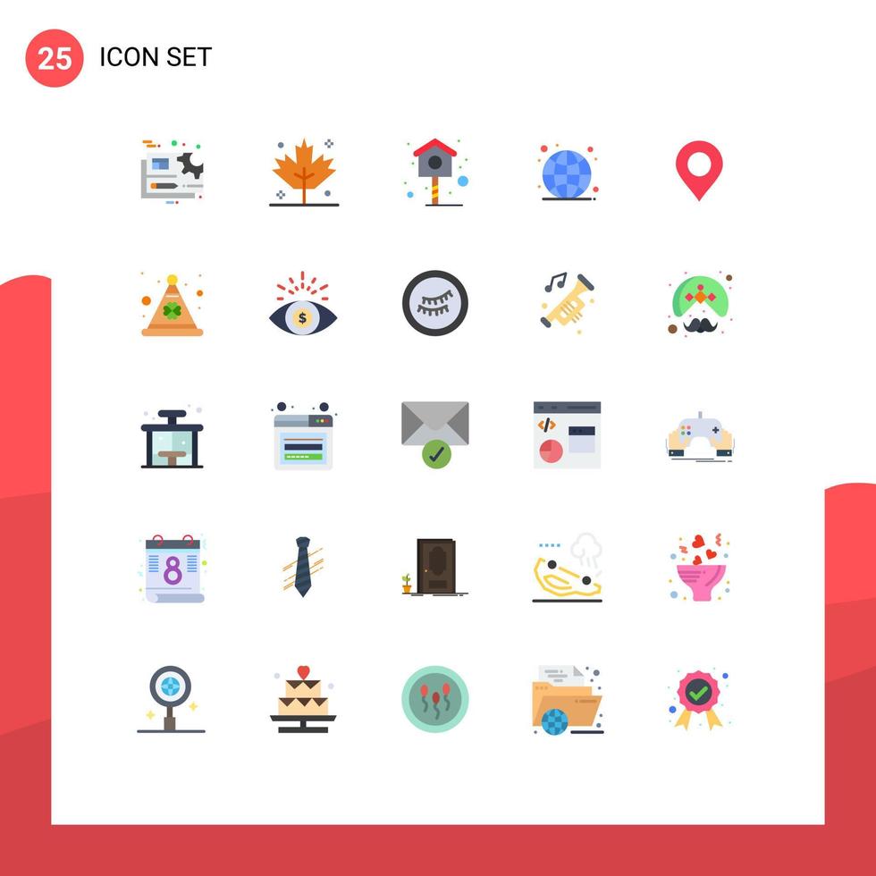 Packung mit 25 modernen flachen Farbzeichen und Symbolen für Web-Printmedien wie Pin-Karte, Vogel, Live-Globus, editierbare Vektordesign-Elemente vektor