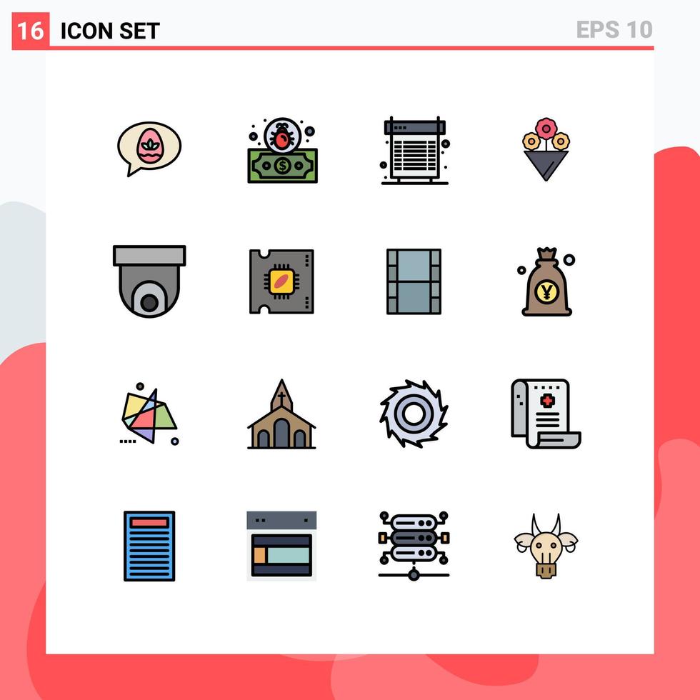 användare gränssnitt packa av 16 grundläggande platt Färg fylld rader av video cCTV kyl- kamera blomma redigerbar kreativ vektor design element