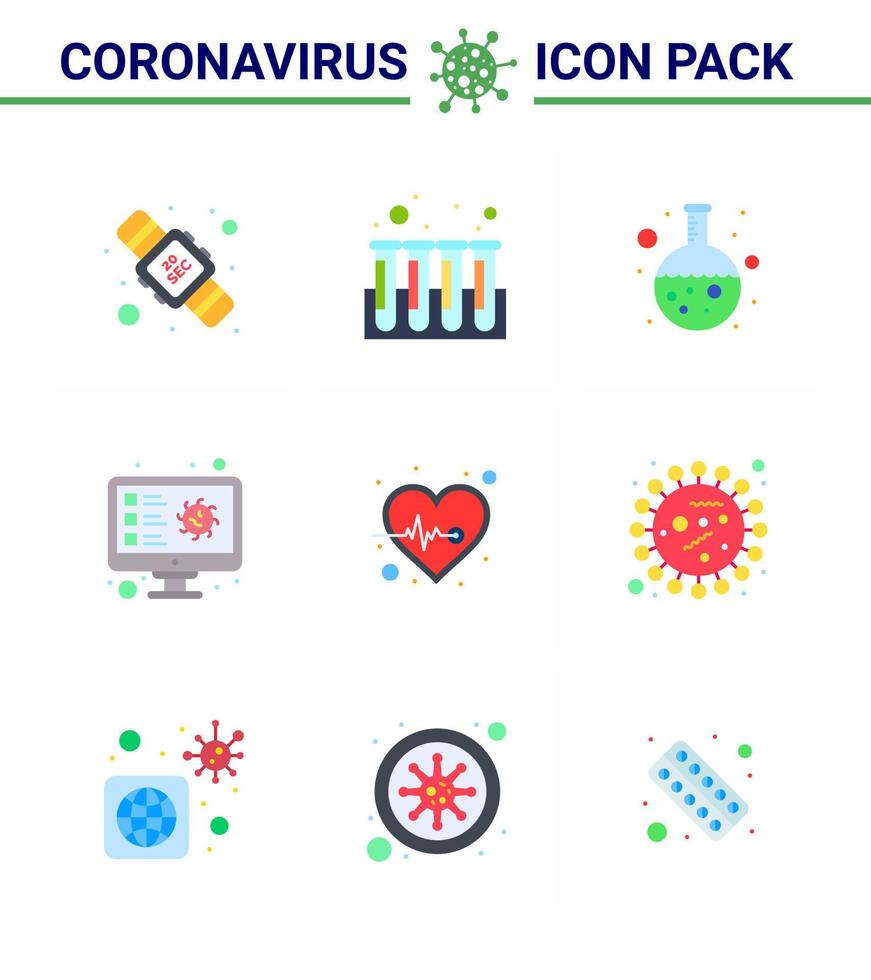 Symbole zur Verhinderung von Coronaviren 9 flache Farbsymbole wie Beat-Virus-Test-Scan-Computer virales Coronavirus 2019nov-Krankheitsvektor-Designelemente vektor
