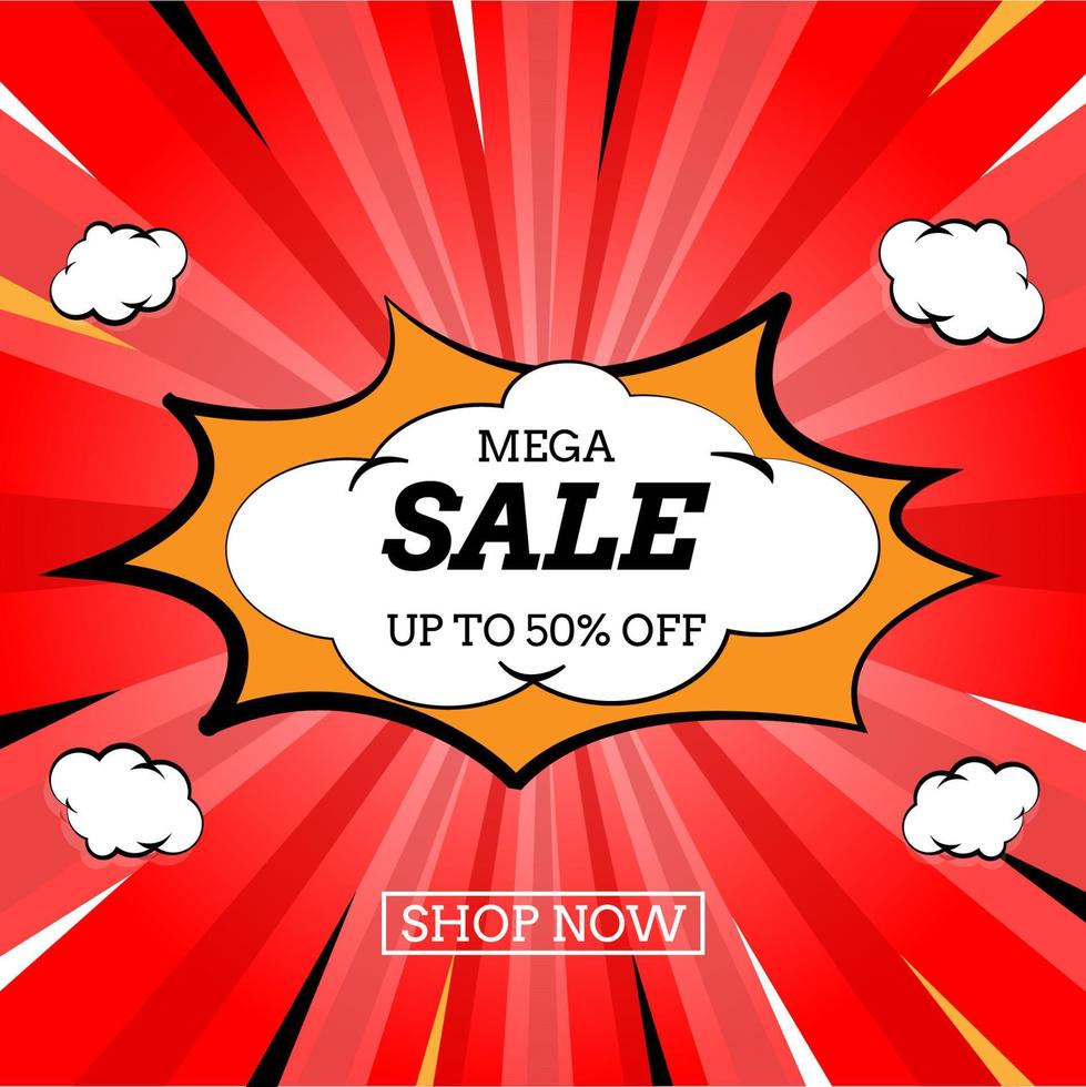 Mega Sale Banner Template Design für Web oder Social Media, Sale Special bis zu 50 Rabatt mit rotem, farbenfrohem Hintergrund. vektor