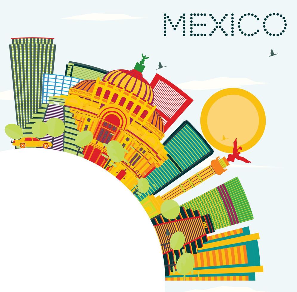 mexico horisont med Färg byggnader, blå himmel och kopia Plats. vektor