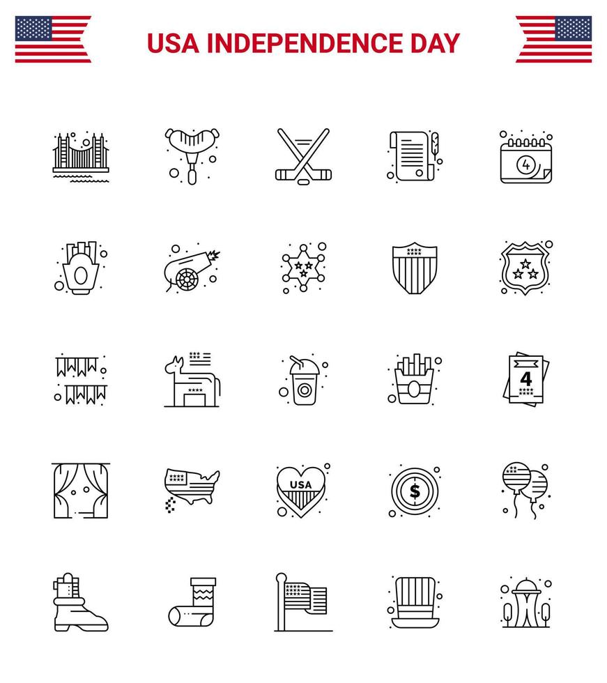 stor packa av 25 USA Lycklig oberoende dag USA vektor rader och redigerbar symboler av kalender dag korv mottagande amerikan redigerbar USA dag vektor design element