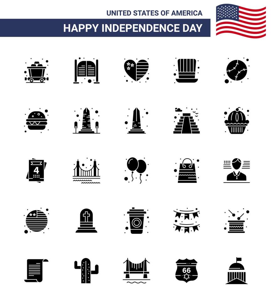 Happy Independence Day Pack mit 25 soliden Glyphenzeichen und Symbolen für Baseball USA Heart Presidents Day editierbare USA Day Vektor Design Elemente
