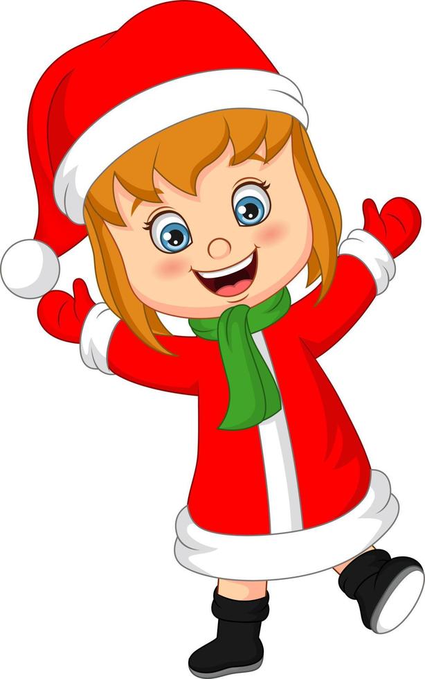 tecknad liten flicka bär jultomten kostym vektor