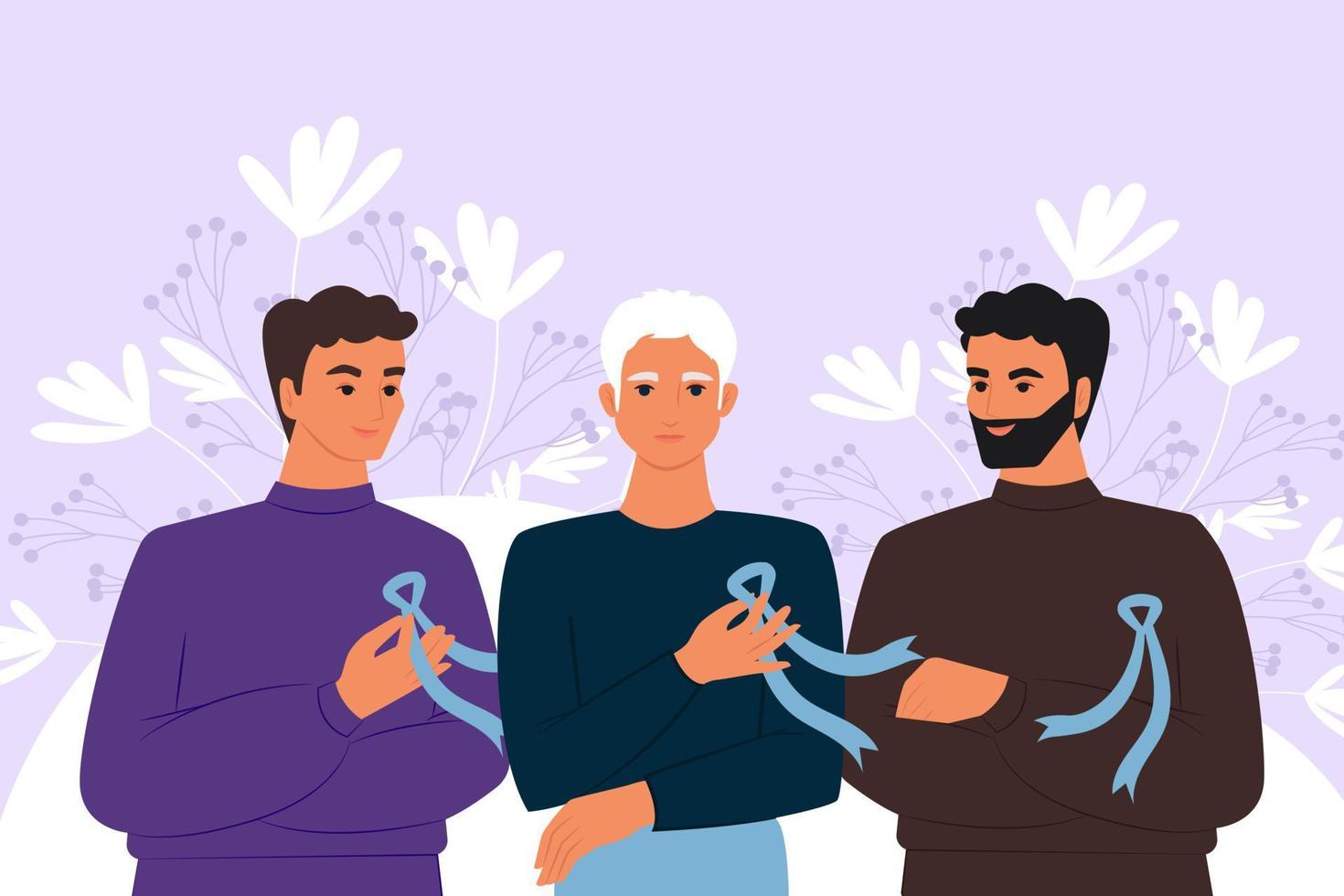 Gruppe junger Männer mit blauen Bändern, Symbol des Bewusstseinsmonats für Prostatakrebs. Vektorbanner vektor