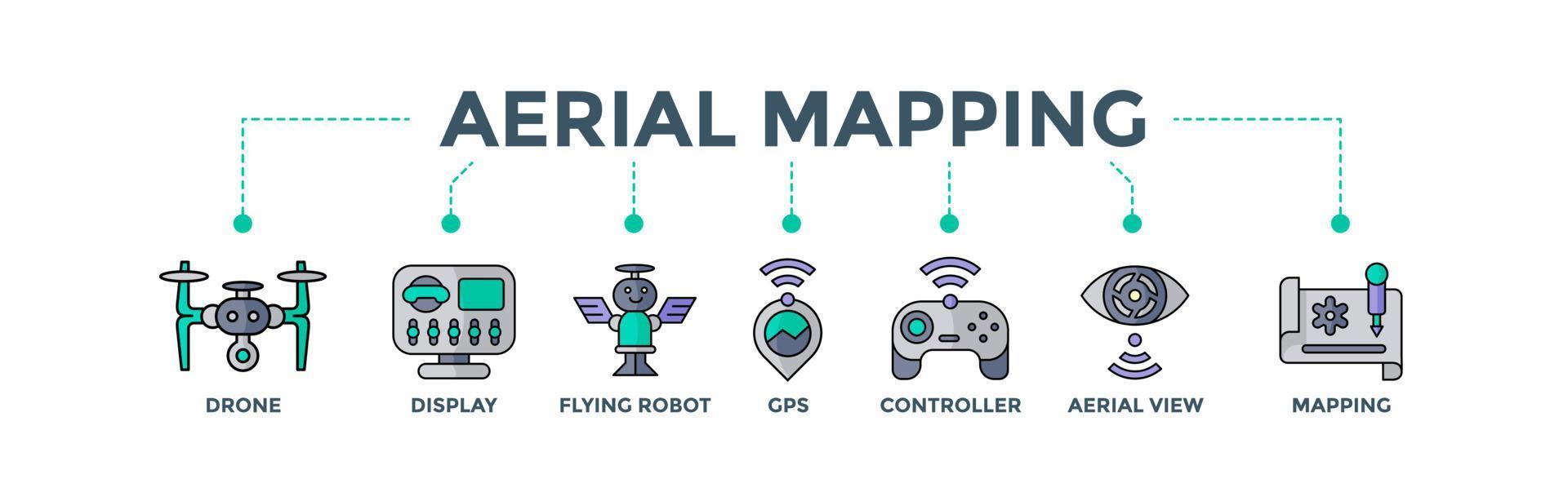 Luftbild-Banner-Web-Icon-Vektor-Illustrationskonzept für Technologieberatung mit Symbolen für Drohne, Display, Flugroboter, GPS, Controller, Smart View und Mapping vektor