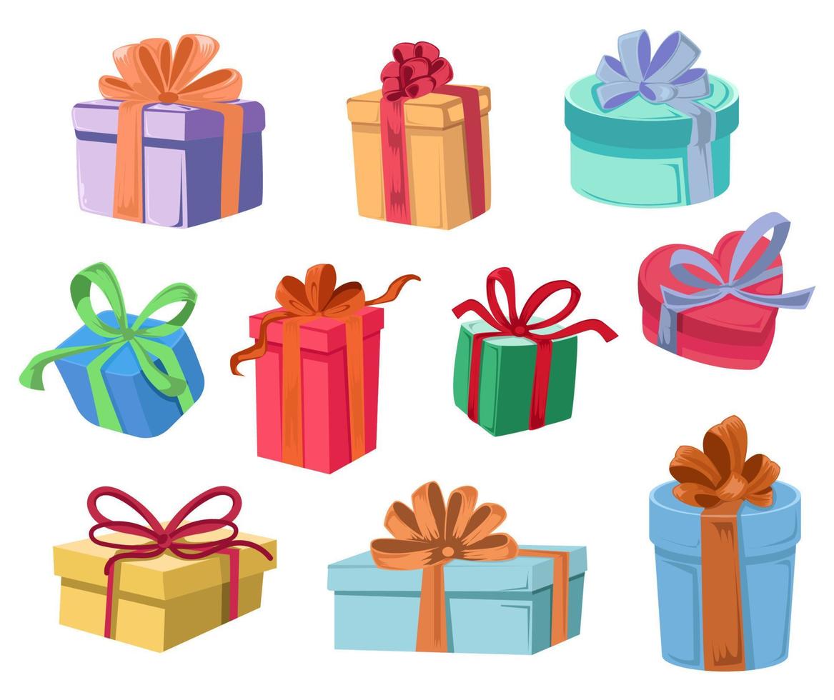 Reihe von bunten Geschenkboxen mit verschiedenen Formen, die mit Bändern gebunden sind vektor