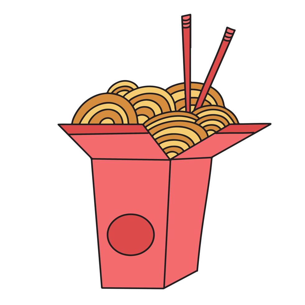 traditionell wok spaghetti i ta ut kartong låda med ätpinnar. asiatisk mat. klotter, kontur teckning. vektor illustration isolerat på vit bakgrund