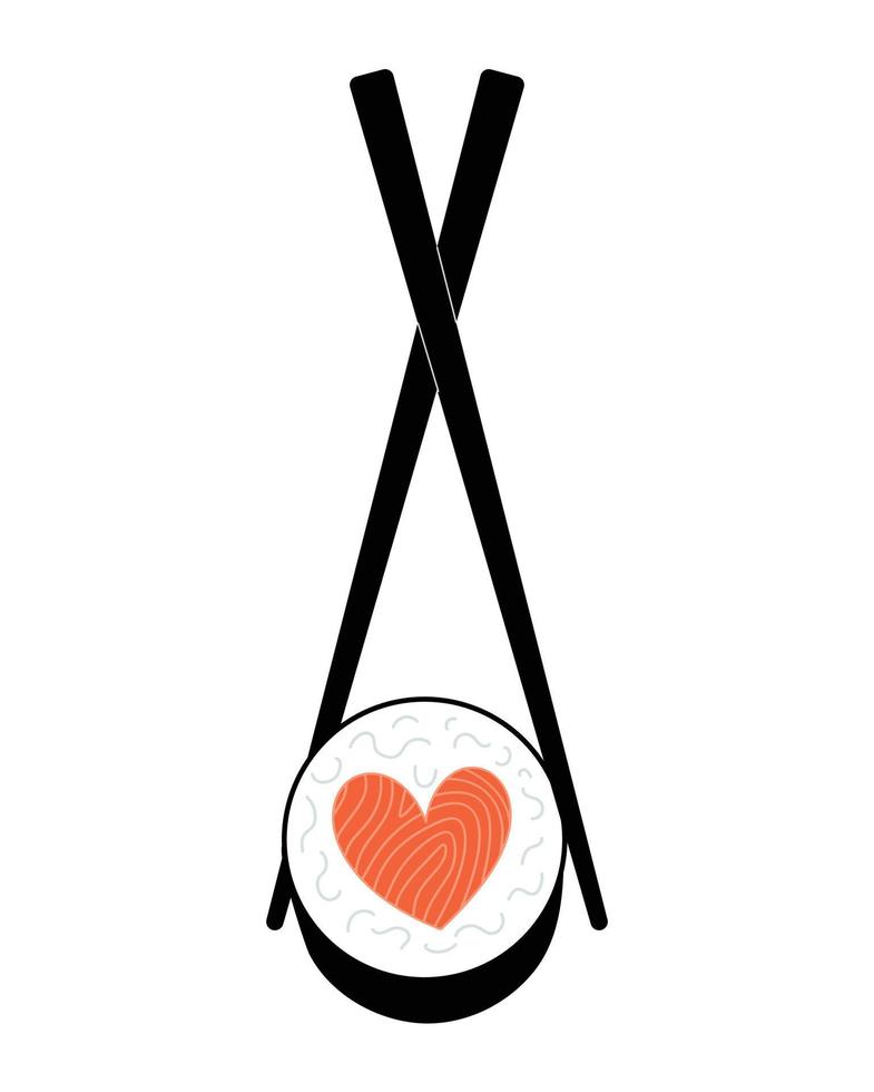 affisch med japansk ätpinnar innehav hjärta formad lax sushi. enkel vektor illustration isolerat på vit bakgrund. kärlek asiatisk mat