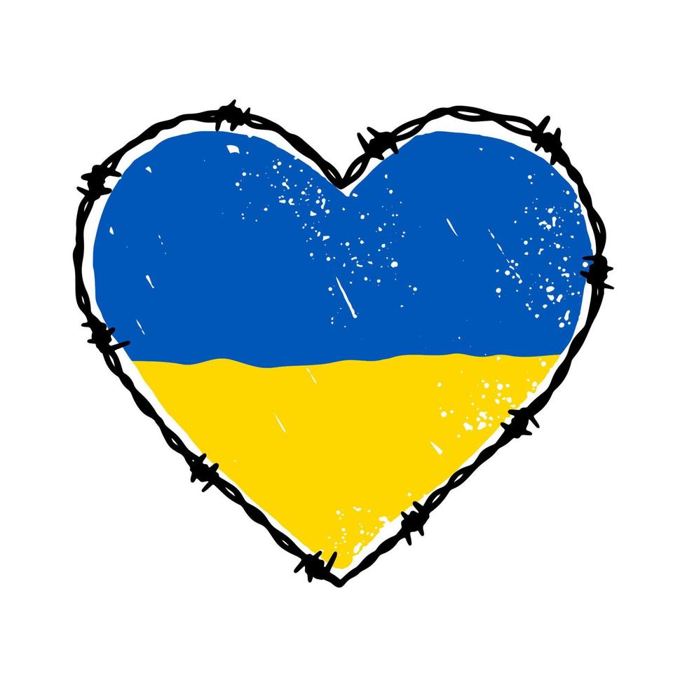 Stacheldrahtherzform in den blauen und gelben Farben der ukrainischen Flagge. hand gezeichnete vektorillustration im skizzenstil vektor