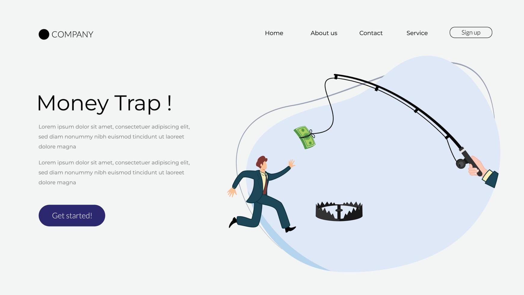 Geschäftsmann jagt Dollar, der am Angelhaken hängt, und versucht, ihn zu fangen. Landing Page über die Fallstricke von Cash Games. Finanzbetrug. Menschen, die von Geld kontrolliert werden vektor