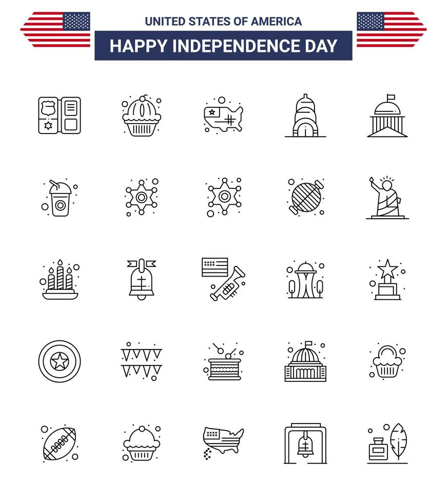 25 USA linje packa av oberoende dag tecken och symboler av grön stad Karta USA chrysler redigerbar USA dag vektor design element