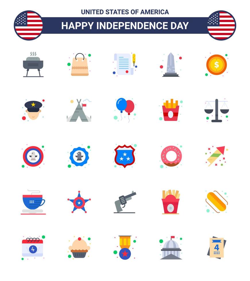 Stock Vektor Icon Pack mit amerikanischen Tag 25 flachen Zeichen und Symbolen für Geld Washington Papier Usa Denkmal editierbare Usa Tag Vektor Design Elemente