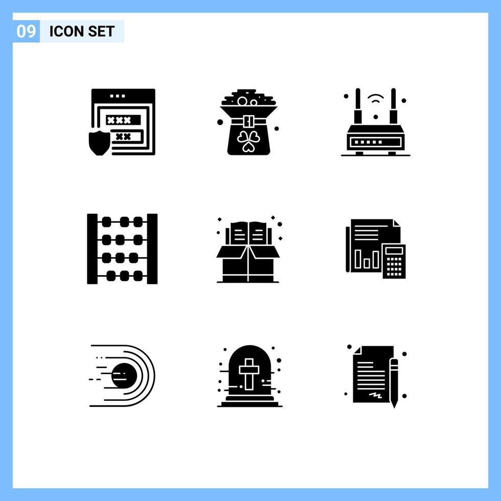 Gruppe von 9 soliden Glyphen Zeichen und Symbolen für Buchtheke in abakus wifi editierbaren Vektordesign-Elementen vektor
