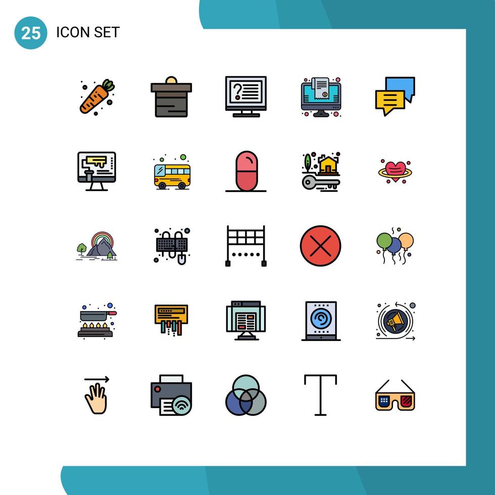 Piktogrammsatz von 25 einfachen gefüllten Linienflachfarben von Chat-Online-Shopping-Kontaktliste Rechnung editierbare Vektordesign-Elemente vektor