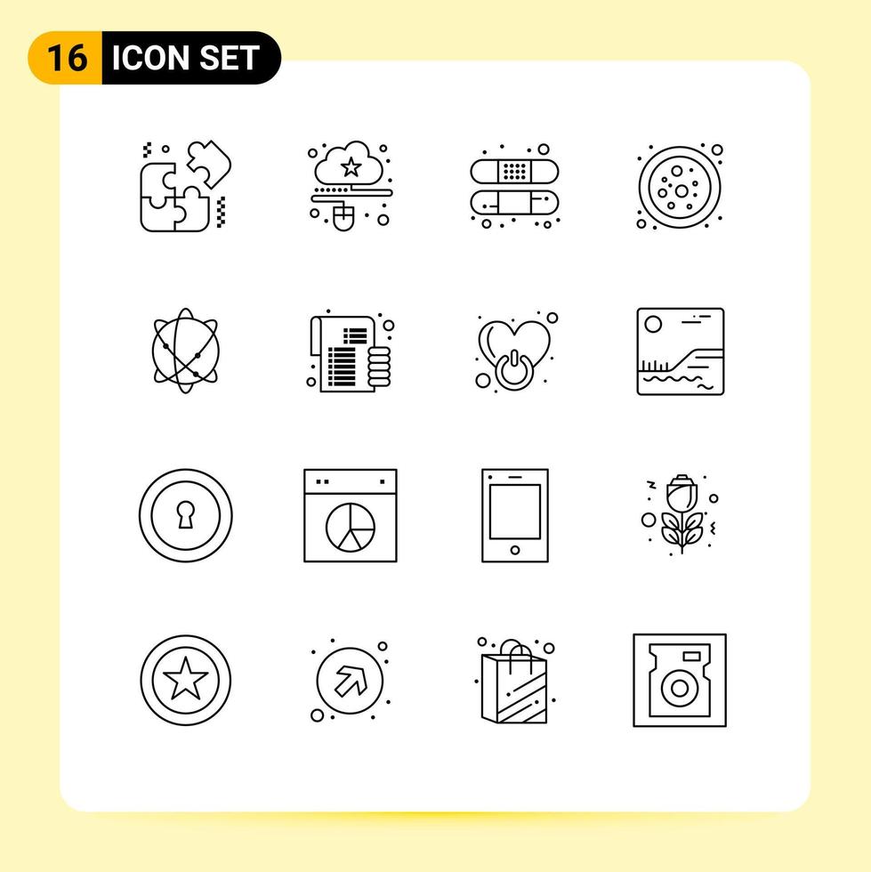 Packung mit 16 modernen Umrisszeichen und Symbolen für Web-Printmedien wie Internet-Computing-Hilfe-Molekül-Atom-editierbare Vektordesign-Elemente vektor