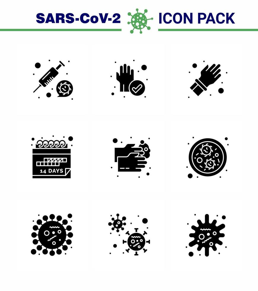 9 Solid Glyph Black Coronavirus covid19 Icon Pack wie Gesundheitsplan Handschuh Quarantänedatum virales Coronavirus 2019nov Krankheitsvektor Designelemente vektor