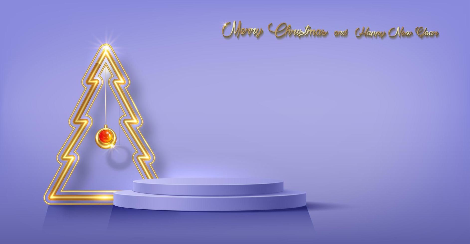 3d jul podium, guld neon träd, Lycklig ny år fest, produkt visa cylindrisk form, gyllene festlig dekoration för de högtider. lyx mall, vektor isolerat på lila bakgrund