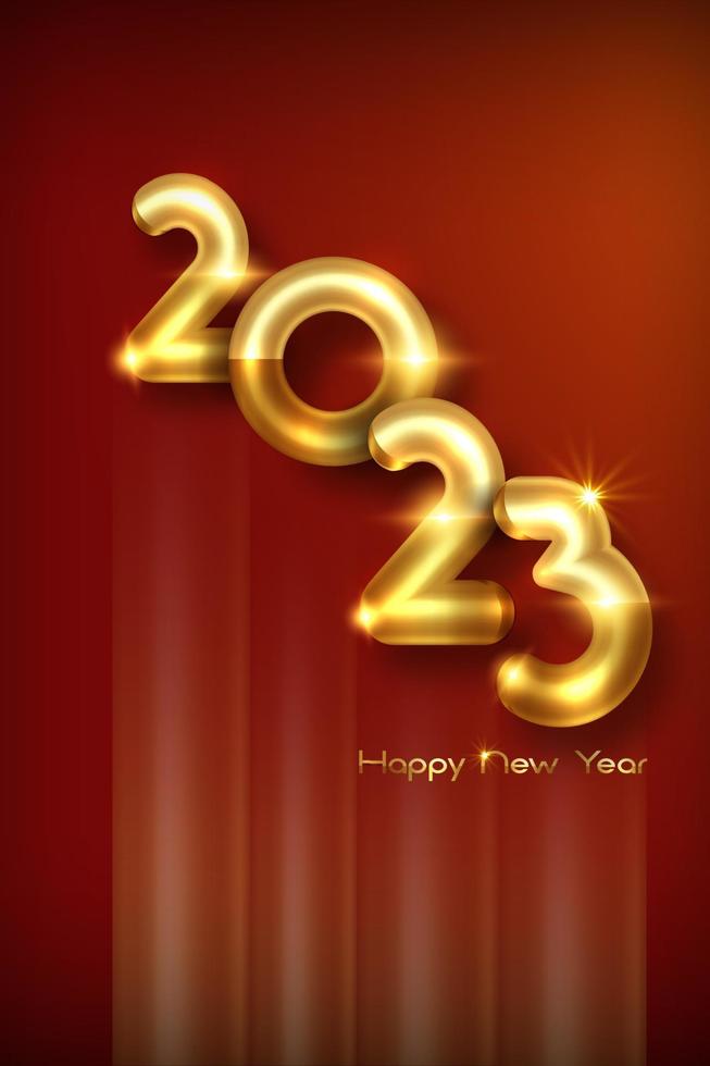 2023 gyllene 3d djärv tal, Lycklig ny år. baner mall jul tema. Semester design för hälsning kort, inbjudan, kalender, fest, guld lyx vip, vektor isolerat på röd bakgrund