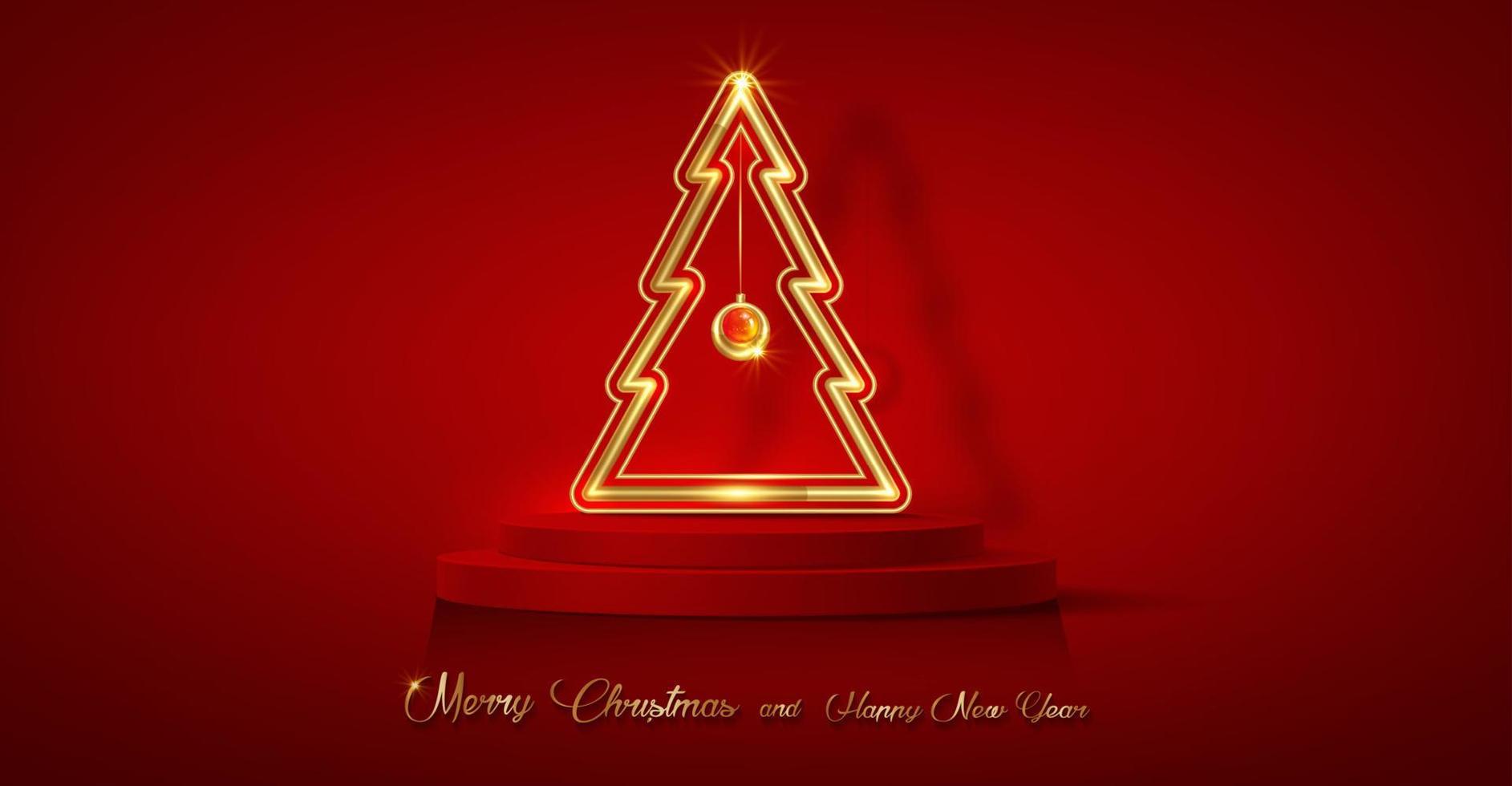 3D-Weihnachtspodium, frohes neues Jahr, goldener Neonbaum mit zylindrischer Form der Produktanzeige, goldene festliche Dekoration für die Feiertage. Luxus-Vorlage, Vektor isoliert auf rotem Hintergrund