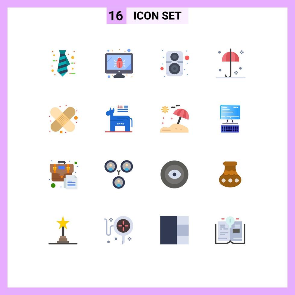 Gruppe von 16 flachen Farbzeichen und Symbolen für Erste-Hilfe-Bandhilfe-Hardware-Regenschirmsicherheit editierbares Paket kreativer Vektordesign-Elemente vektor