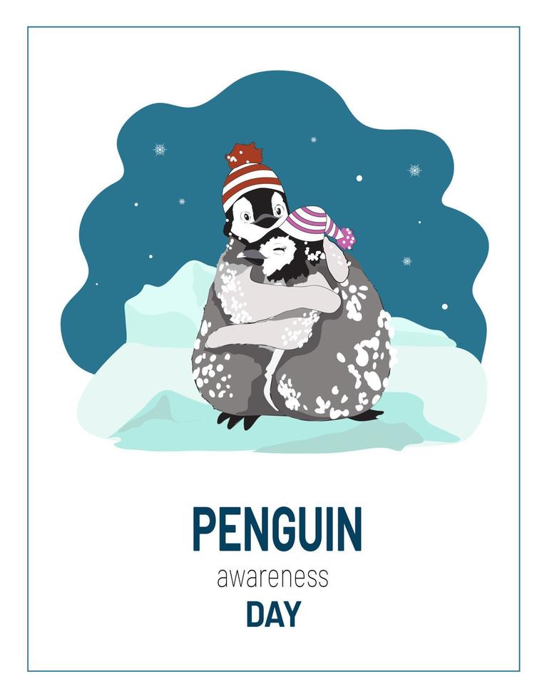 Pinguin-Bewusstseinstag, niedliche lustige Cartoon-Kaiserpinguin-Küken, Junge, Mädchen, in Strickmützen, Lächeln im Schnee, Umarmen im arktischen Feld bei Schneefall, zum Valentinstag, Umarmungstag, Grüße, Briefpapier, Poster vektor