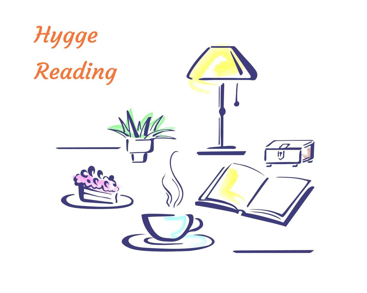 home hygge, gemütliche innenobjekte, entspannte stimmung. handgezeichnete pinselgekritzel - lampe und buch, schatulle, topfpflanze, tee oder kaffee und kuchen oder kuchen vektor