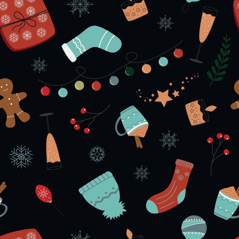 jul sömlös mönster på svart bakgrund, jul saker kaotisk tecknad serie Semester saker vektor