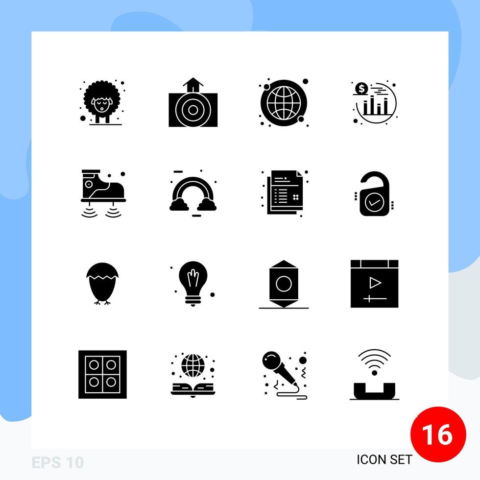 Piktogrammsatz von 16 einfachen soliden Glyphen von Serviceschuhen globale SEO-Investitionen editierbare Vektordesign-Elemente vektor