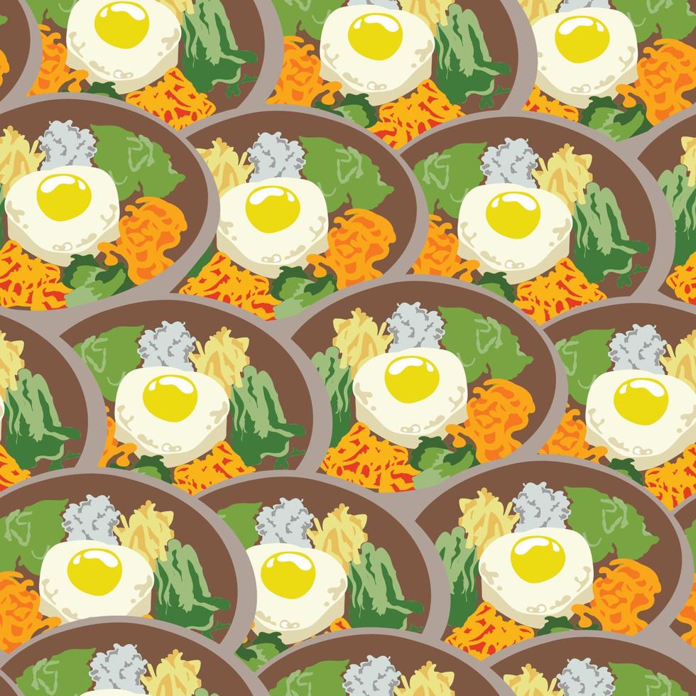 hand dragen koreanska mat bibimbap illustration. sömlös mönster bibimbap recept. traditionell koreanska maträtt bibimbap med friterad ägg, bläckfisk, räka, gurka, soja groddar och tång. asiatisk mat bakgrund vektor