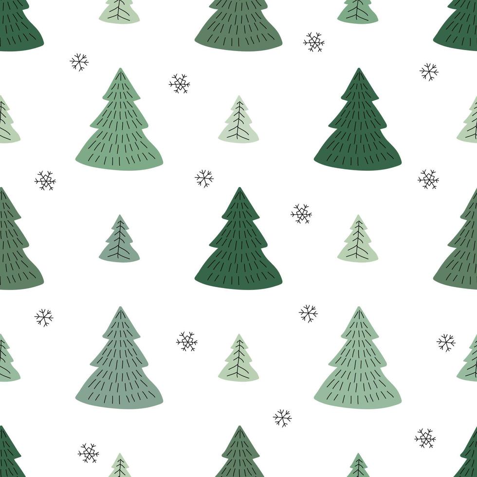 vinter, glad jul vektor sömlös mönster med enkel minimalistisk träd på mörk bakgrund. klotter skog tecknad serie textur för hälsning kort, tyg eller omslag papper mönster. Semester, ny år