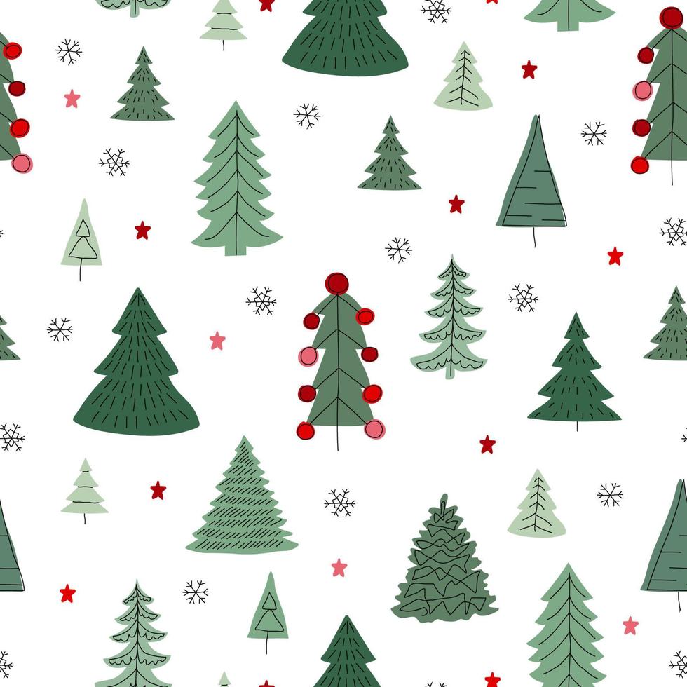 Winter, Frohe Weihnachten Vektor nahtloses Muster mit einfachen minimalistischen Bäumen auf dunklem Hintergrund. Doodle-Wald-Cartoon-Textur für Grußkarten, Stoff- oder Geschenkpapierdesigns. urlaub, neujahr