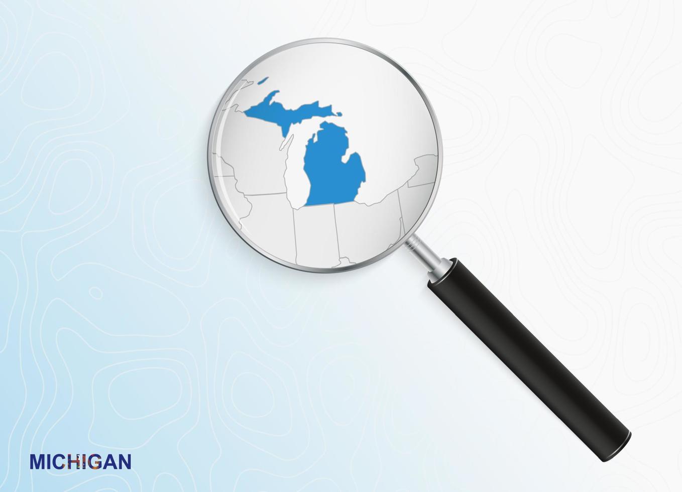 förstoringsglas med Karta av Michigan på abstrakt topografisk bakgrund. vektor