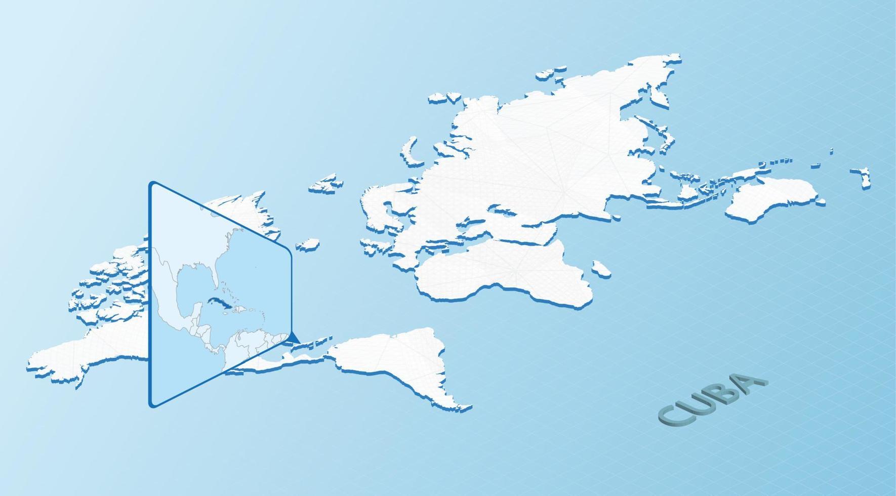 Weltkarte im isometrischen Stil mit detaillierter Karte von Kuba. hellblaue kubakarte mit abstrakter weltkarte. vektor