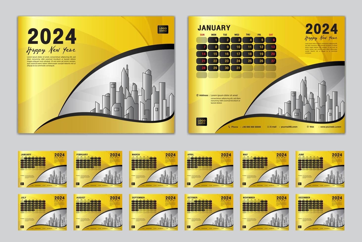 Kalender 2024 Vorlagensatz Vektor, Woche beginnt Sonntag, Satz von 12 Monaten, Tischkalender 2024 Jahr, Wandkalender 2024, Planer, Geschäftsvorlage, Schreibwaren, Druckmedien, goldener kreativer Hintergrund vektor