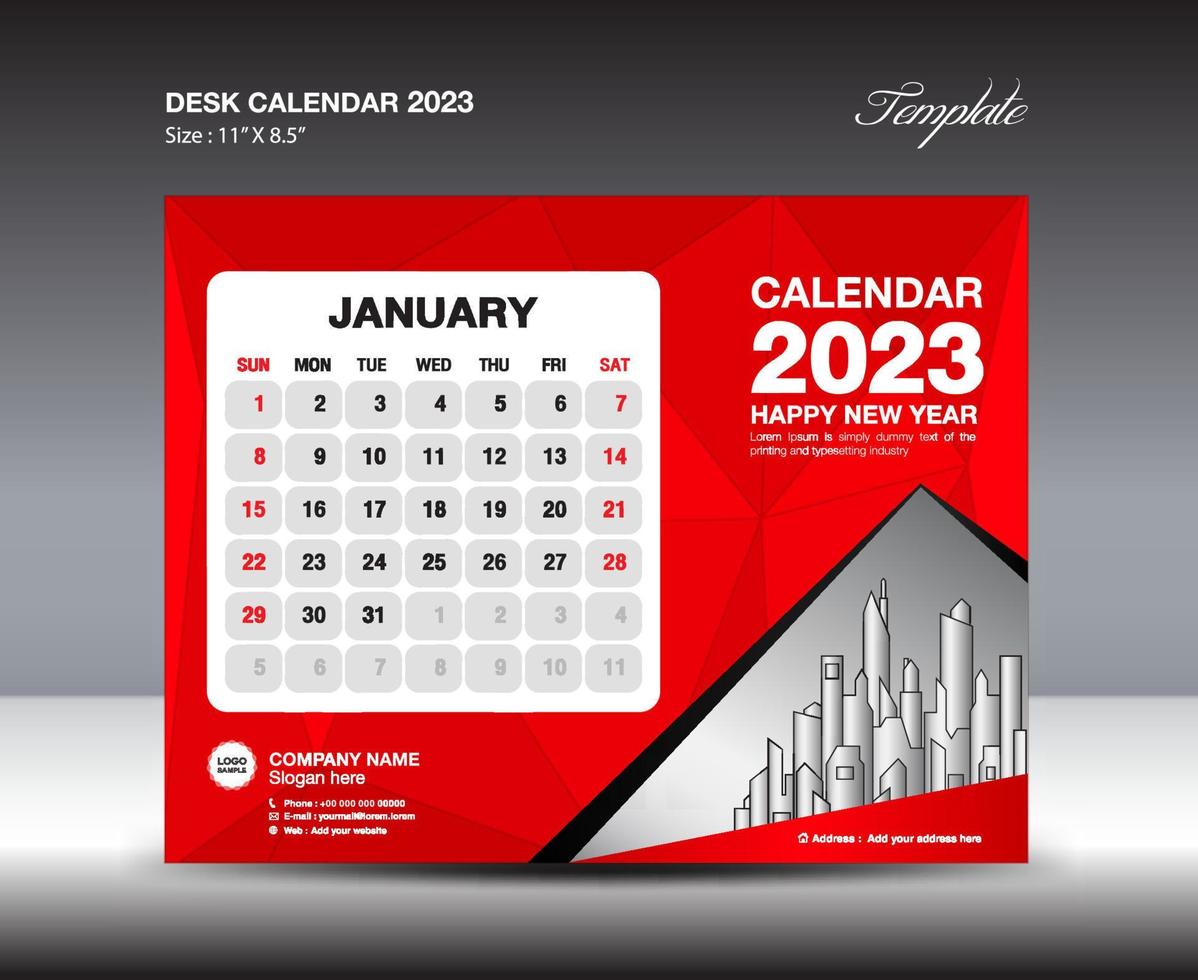 januari 2023 mall- skrivbord kalender 2023 år mall, vägg kalender 2023 år, vecka börjar söndag, planerare design, brevpapper design, flygblad design, utskrift media, röd polygon bakgrund vektor