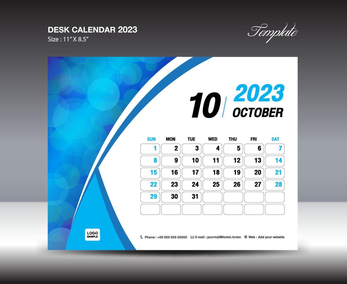 oktober 2023 mall- skrivbord kalender 2023 år mall, vägg kalender 2023 år, vecka börjar söndag, planerare design, brevpapper design, flygblad design, utskrift media, blå kurva bakgrund vektor